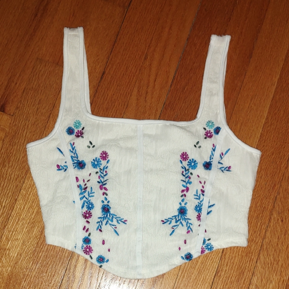 Embroidered White Floral Women's Corset Top Size M